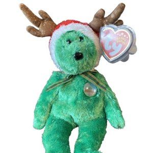 2002 Holiday Teddy TY Beanie Baby Bear Green Antlers Red Hat